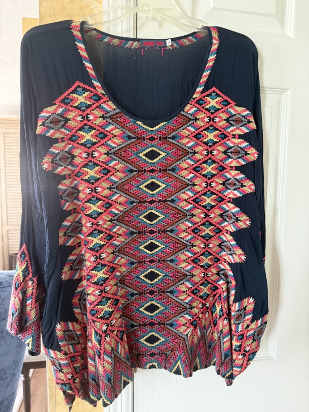 Johnny Was  Tunic Top - Navy w/embroidered front, cuffs and back.  Side slits.